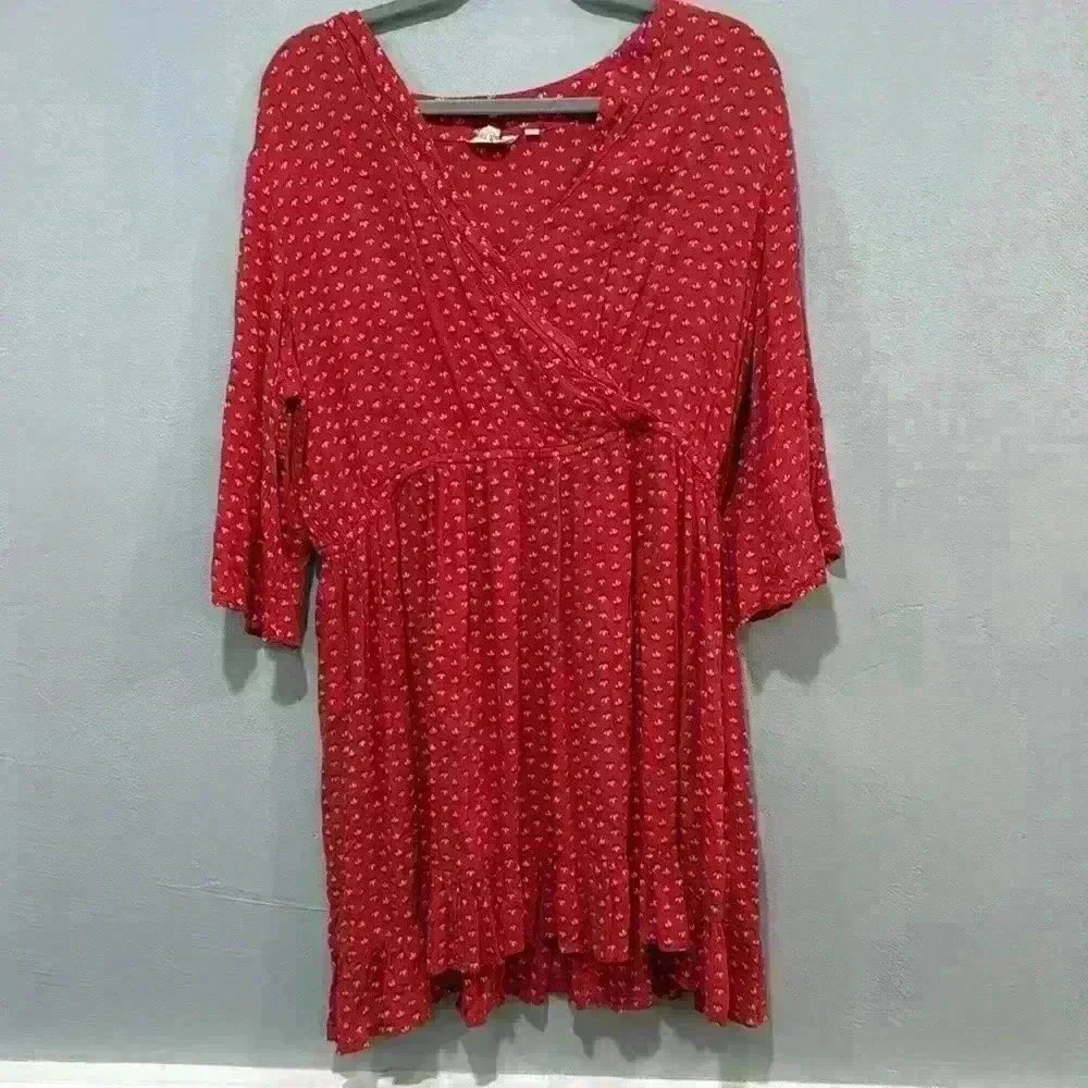 Fat Face 3/4 Sleeve V-Neck Red Ditsy Floral A Line Casual Dress US 12